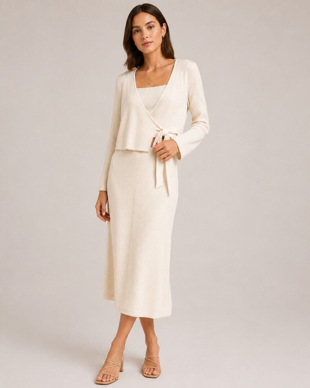 Luca + Grae Ribbed Knit Wrap Long Sleeve Crop Top & Skirt Set Cream L NWT